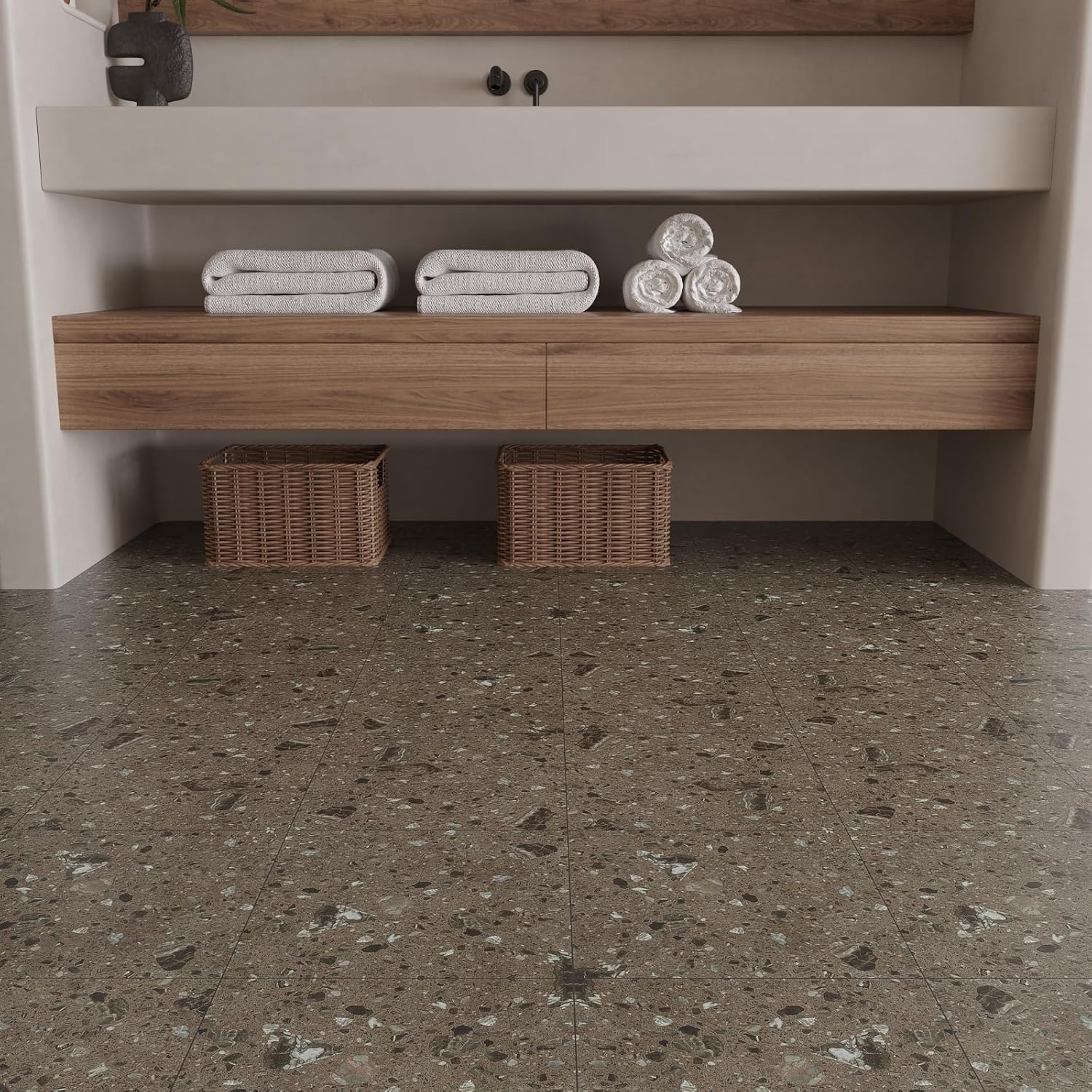 VaryStyle 18-Sheet Vinyl Flooring Brown Terrazzo Floor Tiles Peel and Stick Waterproof Bathroom Flooring 12"x12" Removable Renter Friendly Thick Sticky Tile for Floor Covering Kitchen Bedroom