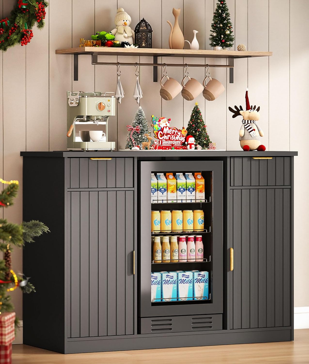 53" Fluted Coffee Bar Cabinet with Fridge Space - Wine Bar Cabinet with Drawer & Door Storage, Mini Fridge Stand with Power Outlet for Kitchen Dining Room, Black