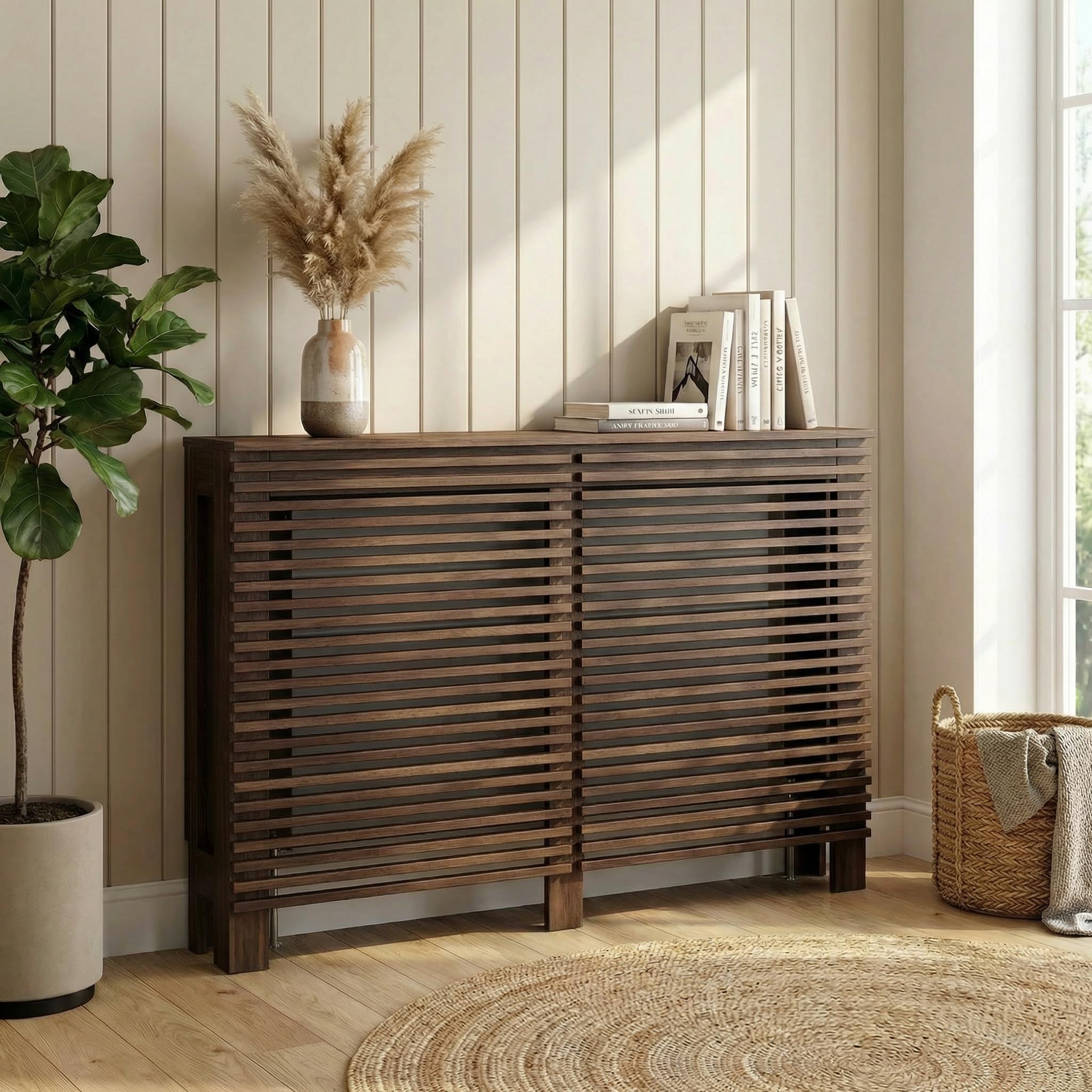 DuraThermยฎ Milan Radiator Cover Walnut Modern Horizontal Slat Shelves MDF Cabinet Shelf for Radiators, Living Rooms, Bedrooms, Medium (W: 111.5cm / H: 81.5cm / D: 19cm)