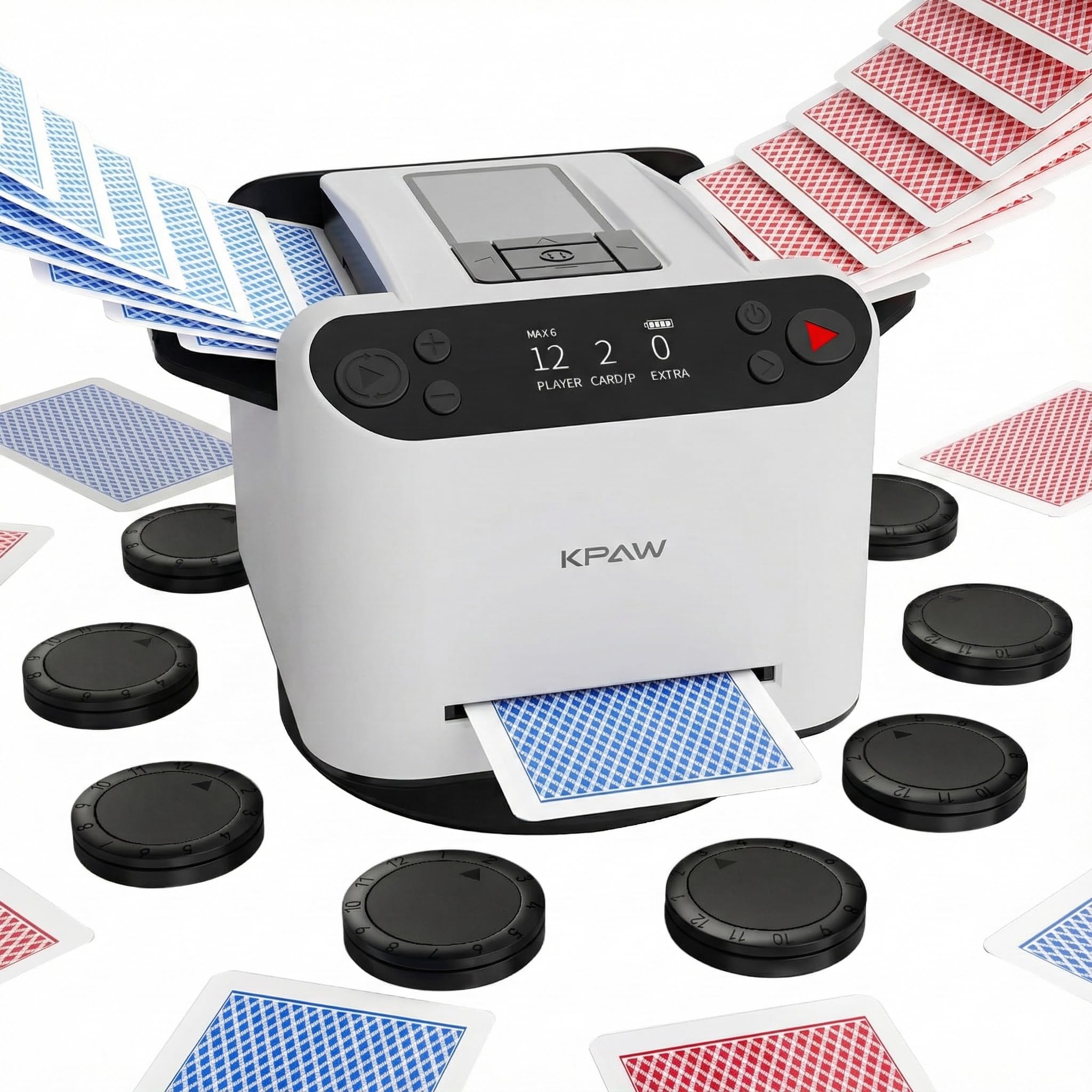 KPAW 2-in-1 Automatic Card Shuffler & Dealer + 8 Drawing Remotes - Support 12 Players. Fit for Poker, UNO, Rummy & Other Card Games (White)
