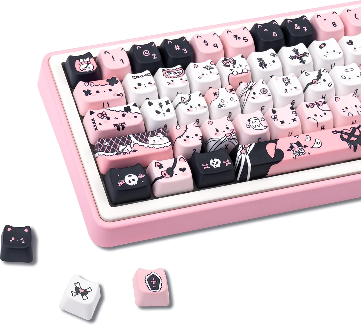 Cute Cat Keycaps, Mao Profile Pink and Black PBT Keycaps, 130 Keys Meow Meow Keyboard Keycap Sets Compatible with 65% 75% 96% 100% Cherry Gateron MX Switches Mechanical Gaming Keyboard