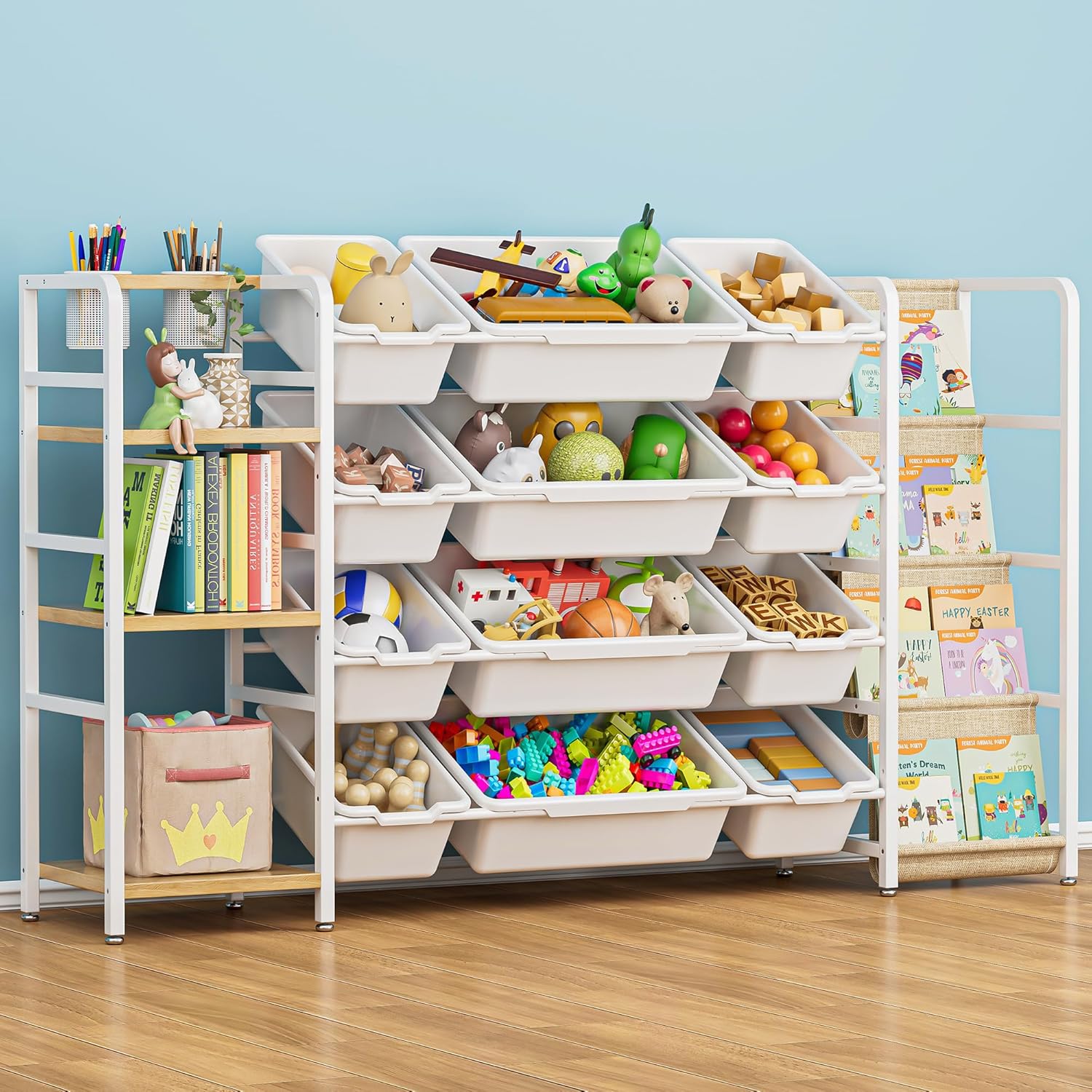 Toy Storage Organizer with 4-Tier Bookshelf, 57" Extra Wide Kids Toy Storage Shelf with 12 Bins, Large Metal Kids Bookcase for Playroom Organization and Nursery Room Decor, White