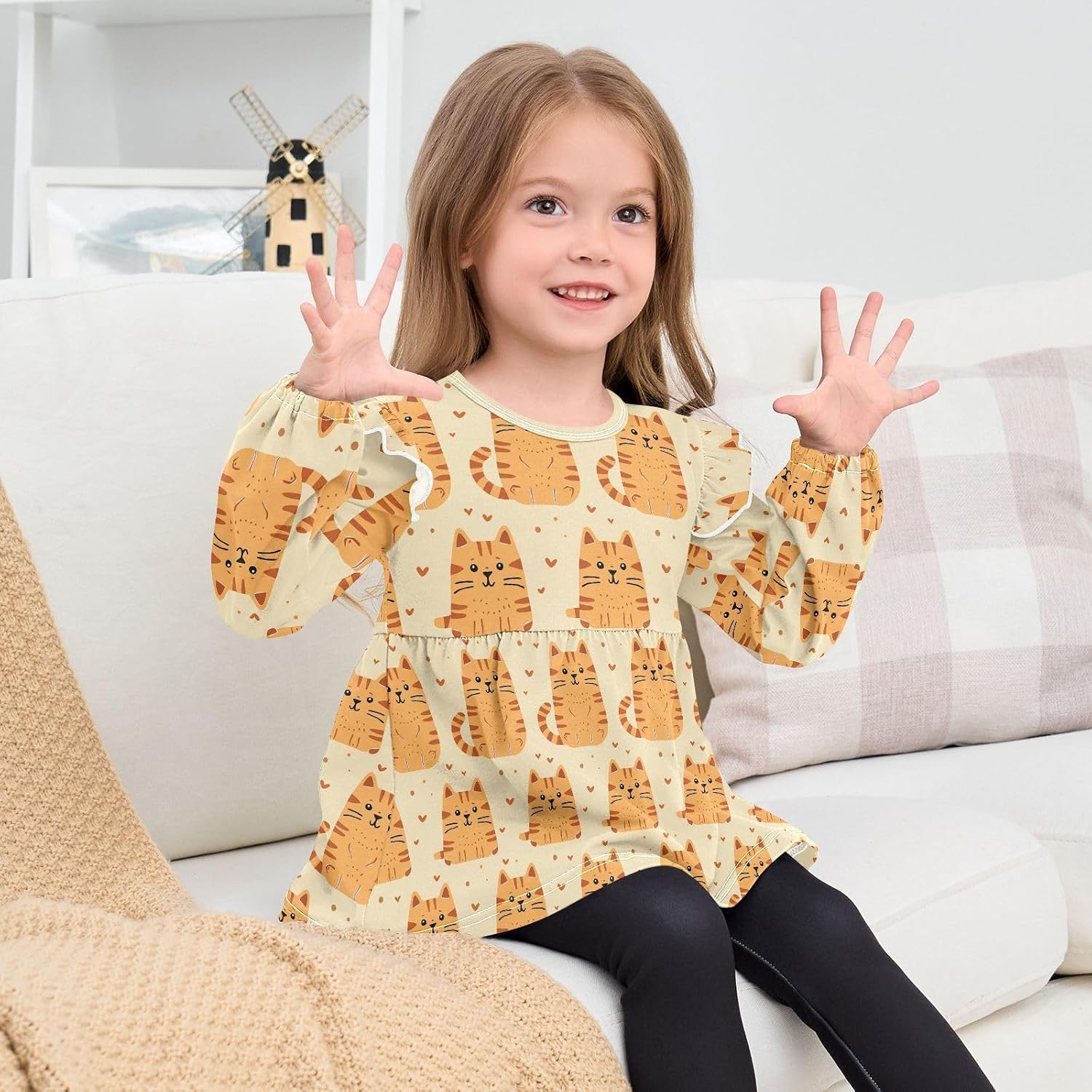 visesunny Toddler Clothes for Girls Cartoon Heart Orange Cat Long Sleeve Fall Shirts Cotton Top with Ruffle Collar