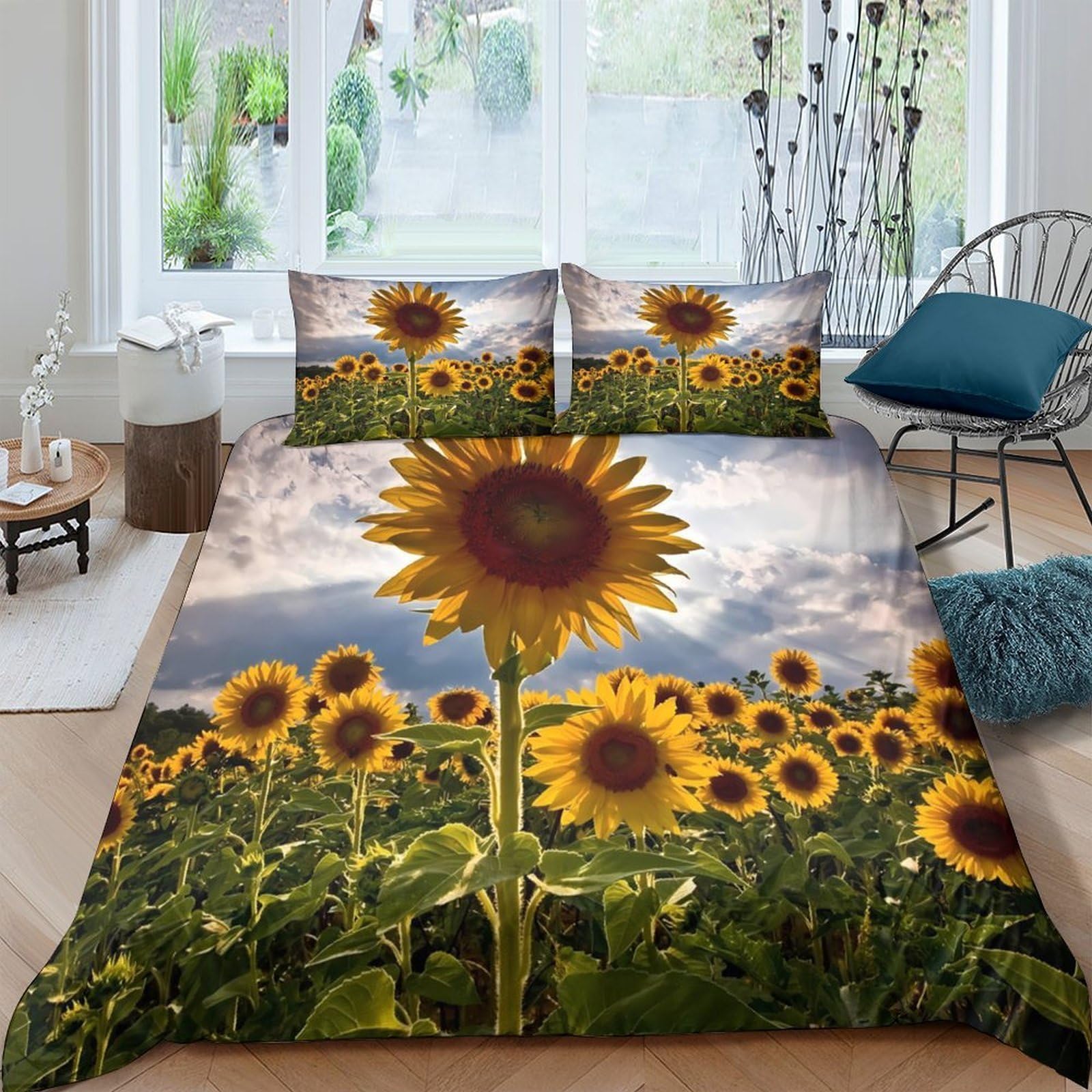 Ctjqhvkz Style-4 3D Printed Sunflower Field Fitted Sheet Microfiber Soft Yellow Floral Landscape Bed Cover For Bedroom Guest Room Mattress Protection Single（135X200cm）