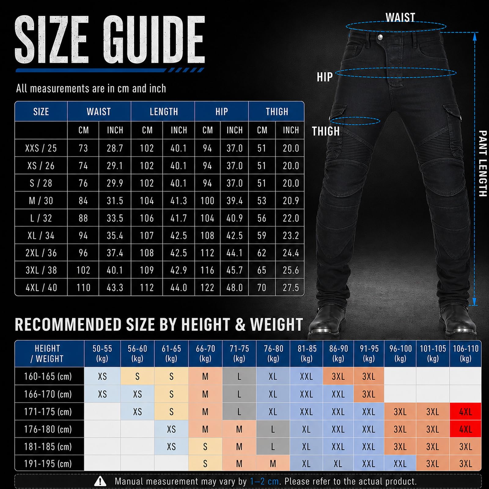 LZQpearl Herren Motorradhose, Männer Frauen Motorrad-Jeanshose Schutzhose mit 2 Paar abnehmbaren Schutzpolstern für Hüfte und Knie, Mit Protektoren Motorradjeans