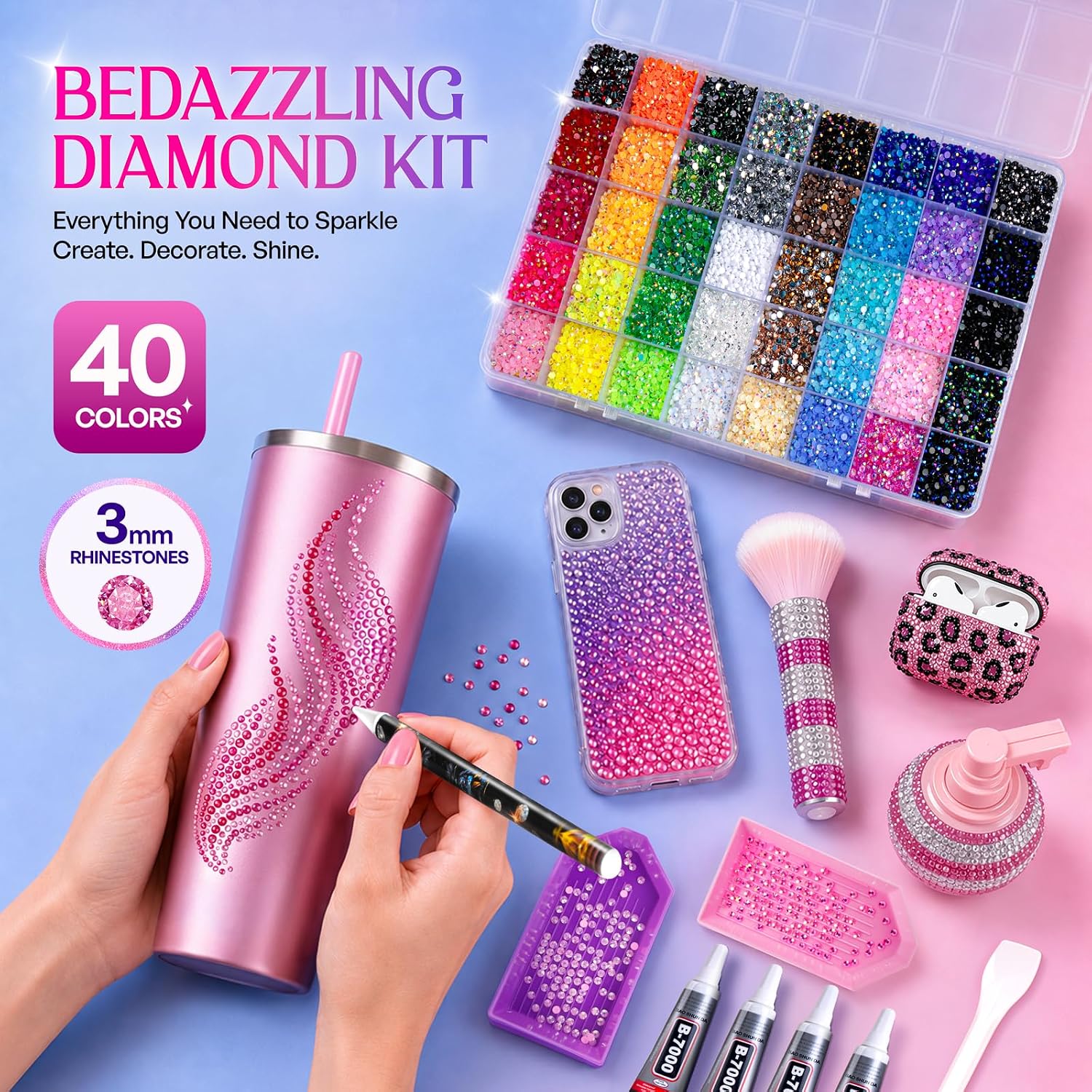 50000Pcs Bedazzling Kit with Rhinestones, 40 Colors 3mm Resin Jelly Flatback Gems, All-in-One Bedazzler Kit with 4Pcs B7000 Glue & Tools, DIY Diamond Art Craft Kit for Clothes Shoes Phone Cases Gifts
