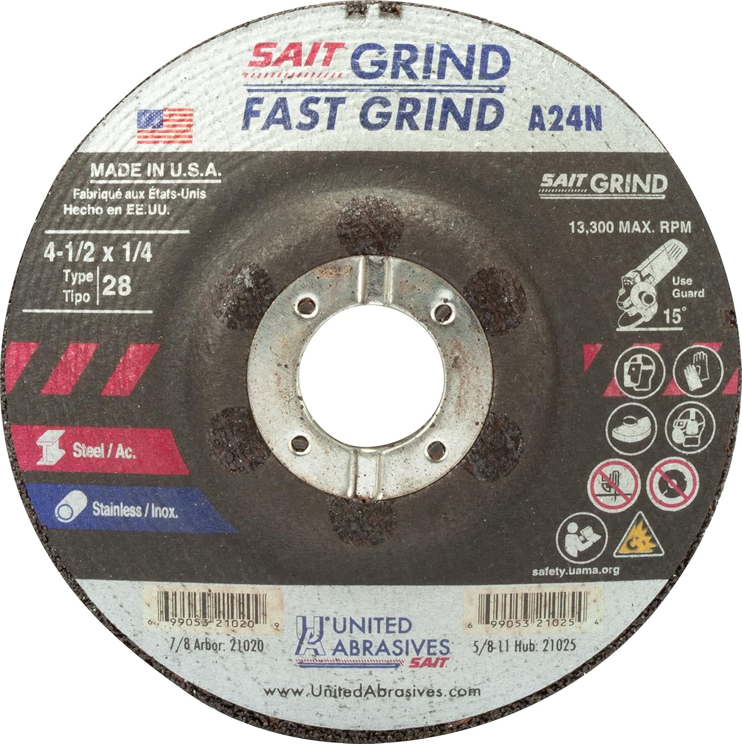 21020 4-1/2x1/4x7/8 A24N Fast Grinding Metal/Stainless Type 28 No Hub Grinding Wheels, 25 Pack