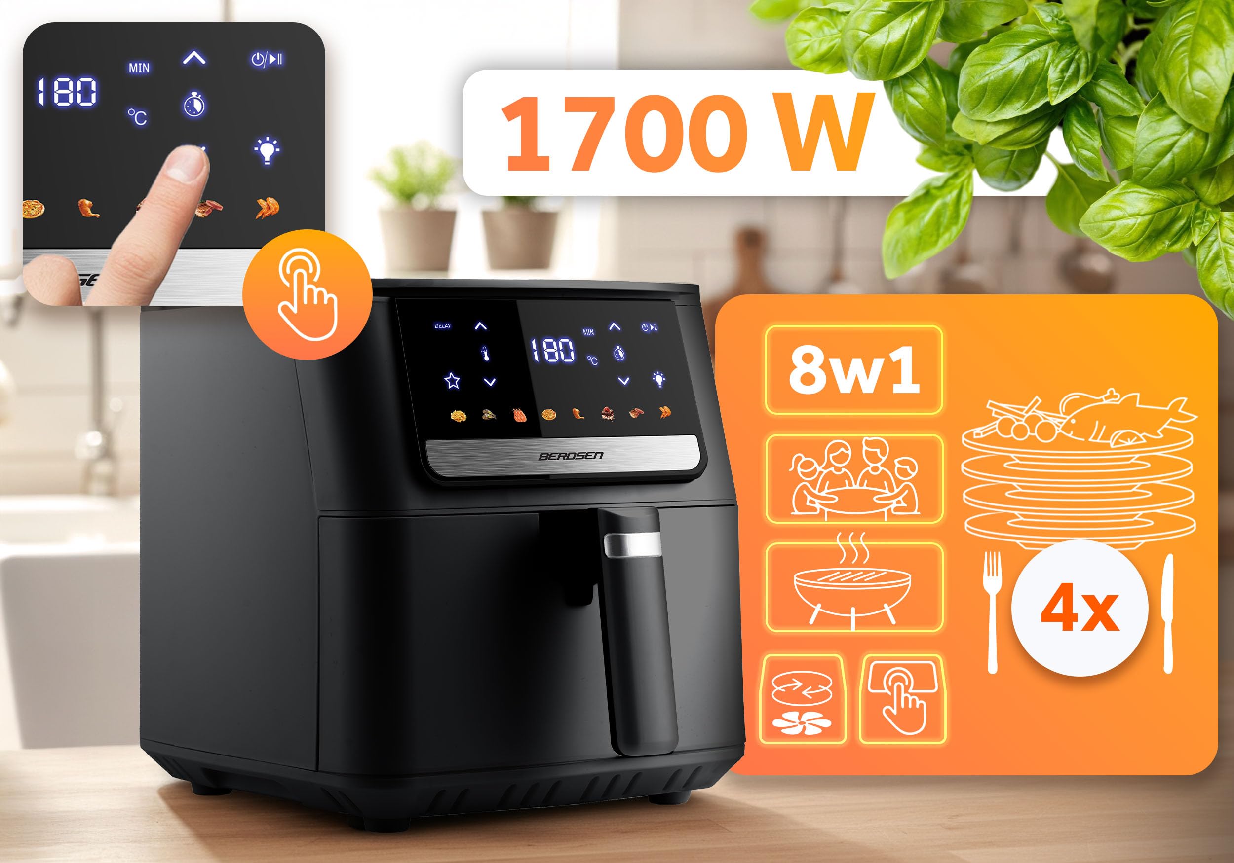 Berdsen Frytkownica Beztłuszczowa Airfryer - 1700 W 6,5 l - Frytkownica na Gorące Powietrze - 8 Programów - Ekran Dotykowy - Czarna