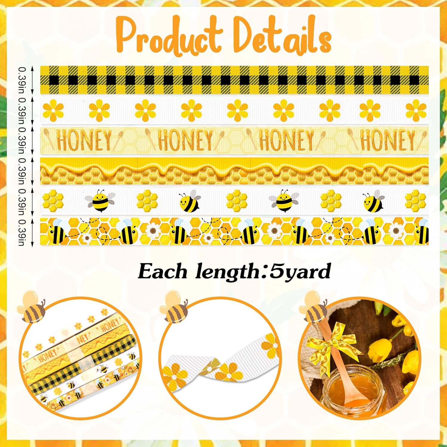 ABTOLS 6 Rolls 30 Yards Bumble Bee Ribbons Flower Ribbons Honey Decorative Grosgrain Ribbons Black Yellow Buffalo Plaid 3/8" Ribbons for Spring Gift Wrapping Crafts Bee Holiday Party thumbnail