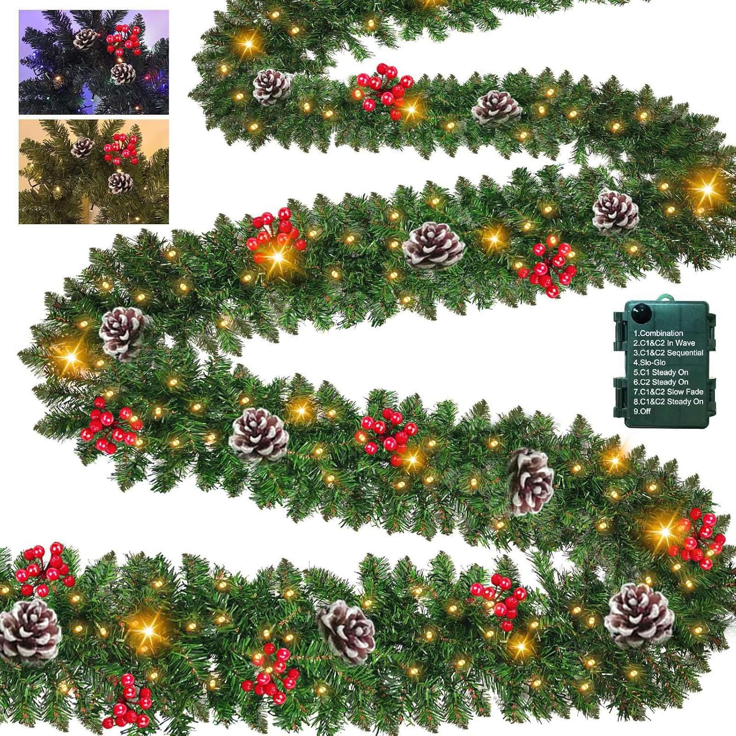 prelit 50 led - 9 ft by 10 inch christmas garland with lights 12 modes timer, thick 270 realistic tips 110 berries 10 pine cone warm white & multicolored lights xmas garland for mantle stairs outdoor 9ft(pinecones and berries)