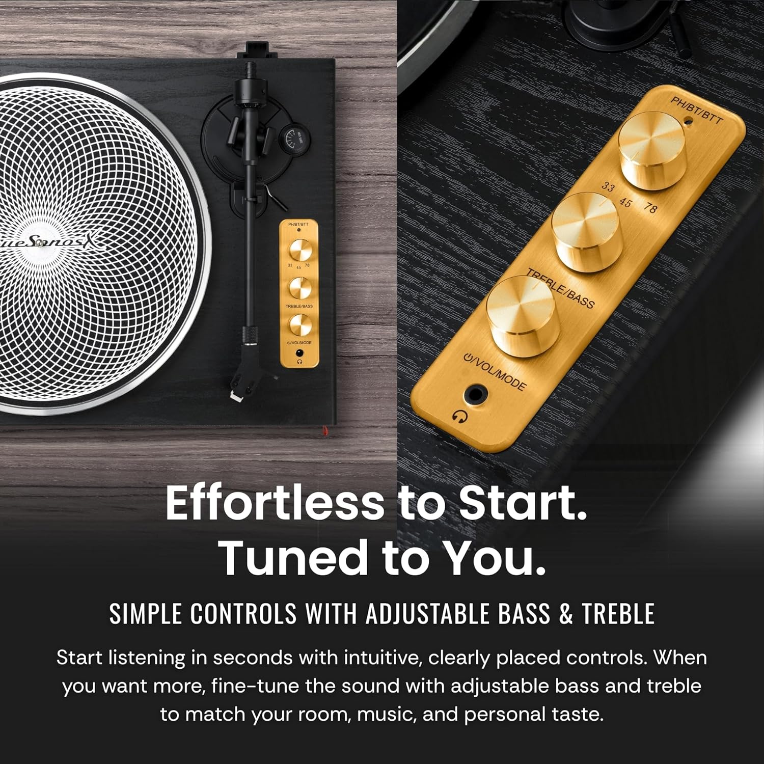 Hi-Fi Record Player with Speakers | Premium Vinyl Turntable with Bluetooth Capability | Built-in 4-Speaker Stereo System | 33/45/78 RPM Playback, Black + Gold Trim