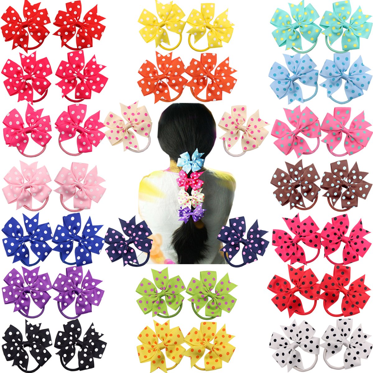 40 Pcs 3.5 Inches Girls Gift Hair Accessories Pinwheel Polka Dot Hair Bows Rubber Elastic Band Tie Ponytail Holders