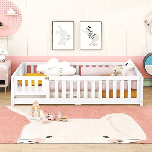 Miniatura 3 de CITYLIGHT Cama de suelo de tamaño matrimonial con rieles, cama Montessori de madera con listones de soporte, marco de cama matrimonial para niños