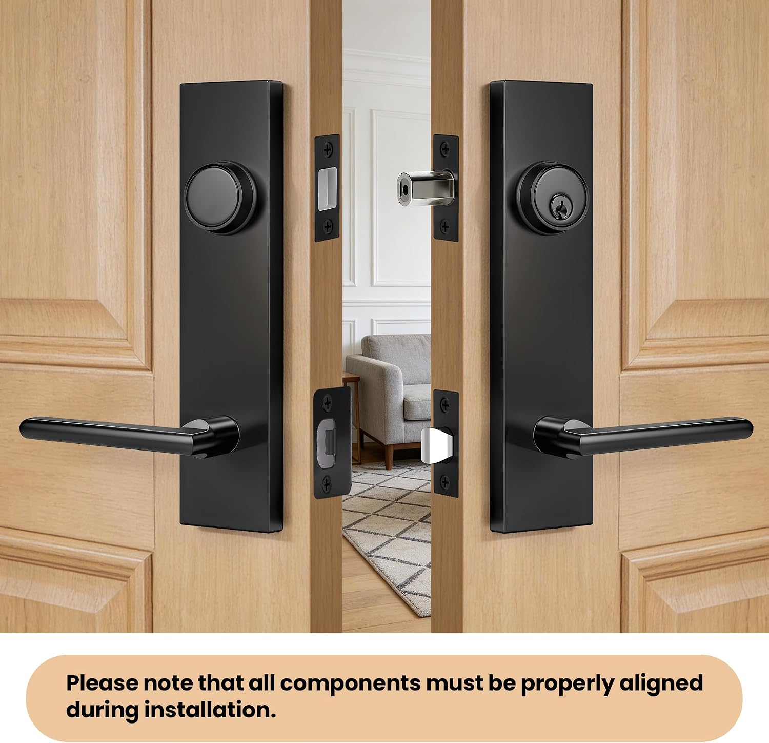 Double Front Door Lock Set, Matte Black Double Door Handle Set, Heavy Duty Double Door Handle with Dummy, Black Double Entry Door Lock Set