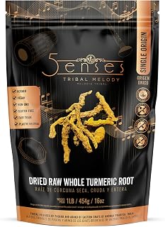 5Senses Dried Whole Turmeric Root | Curcuma | Tribal Melody | Single Origin, Non-GMO, Fairtrade | Whole Turmeric Root | Sun Dried | Vegan | Gluten Free | Indian Spice (16oz/454g/1lb)