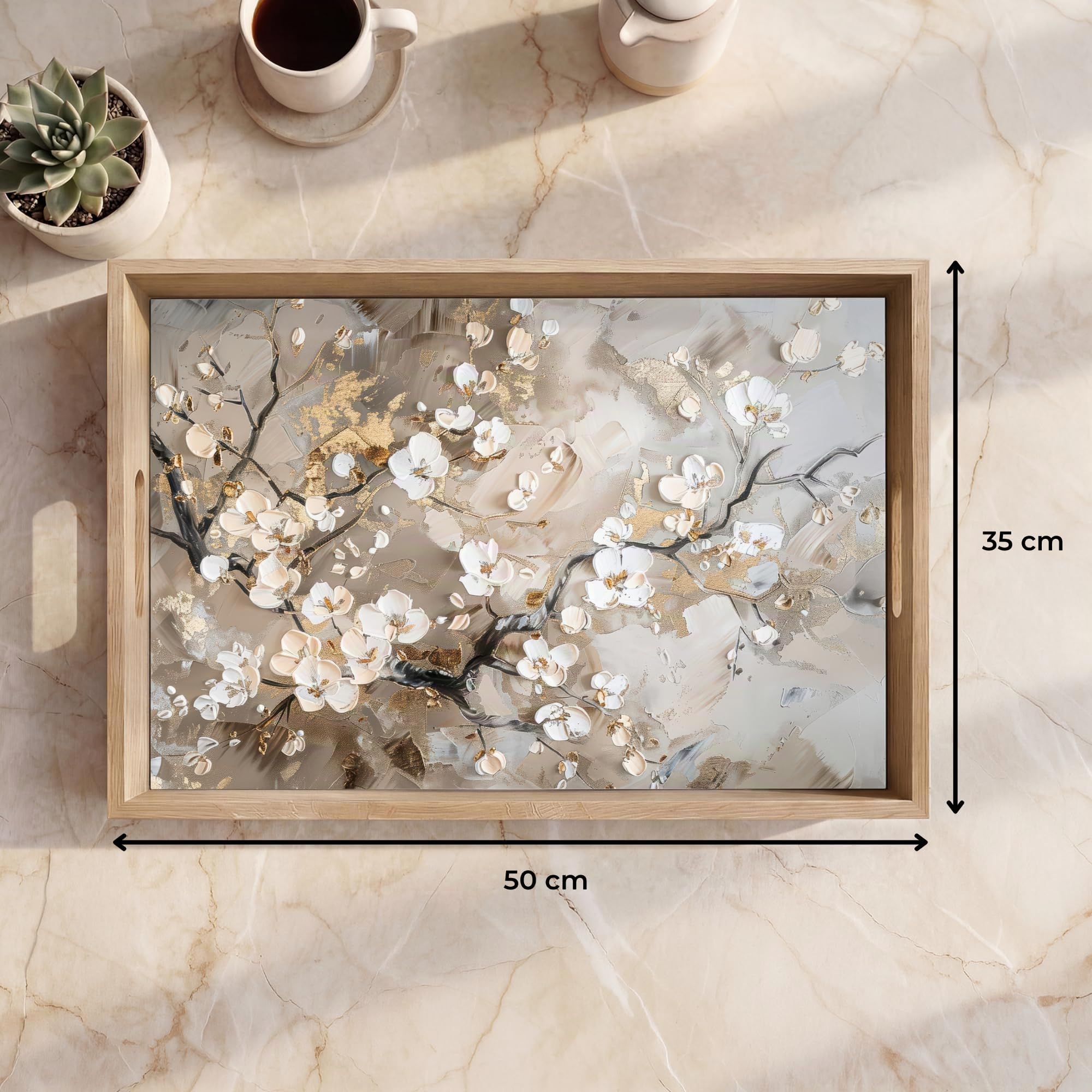 Plateau Plateaux Service Repas Bois Decoratif Table Résistant Aux | 50x35 cm - Rectangulaire - Rayures Cafe Chene Avec Poignée Déjeuner Fleurs - Blanc - Or - Beige - Luxe