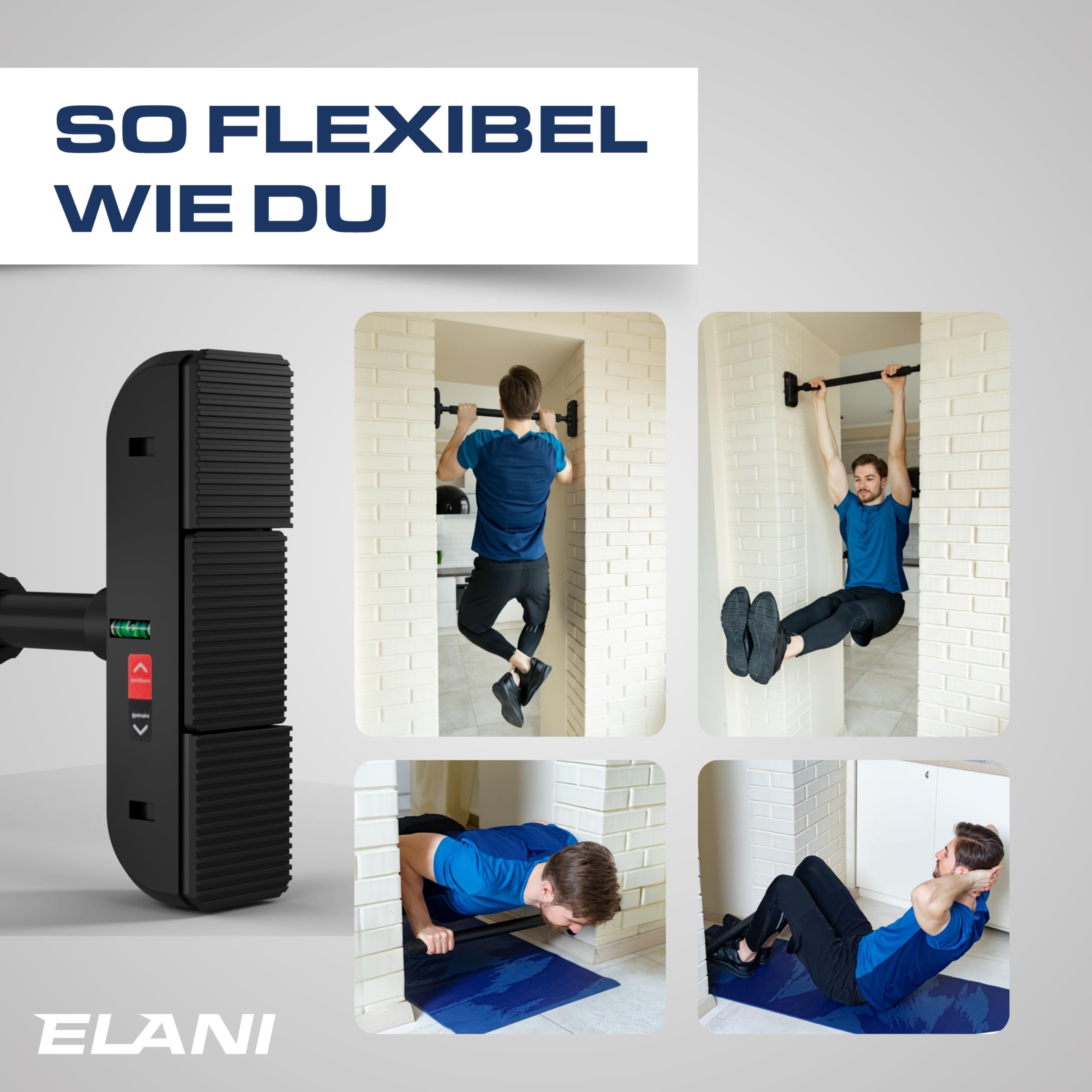 ELANI – sichere Klimmzugstange 75-95 cm bis 200 kg für Türrahmen ohne Bohren mit innovativer Gewindesperre – Pull Up Bar, Türreck Klimmzugstange Türrahmen, Klimmzug, Klimzugststange