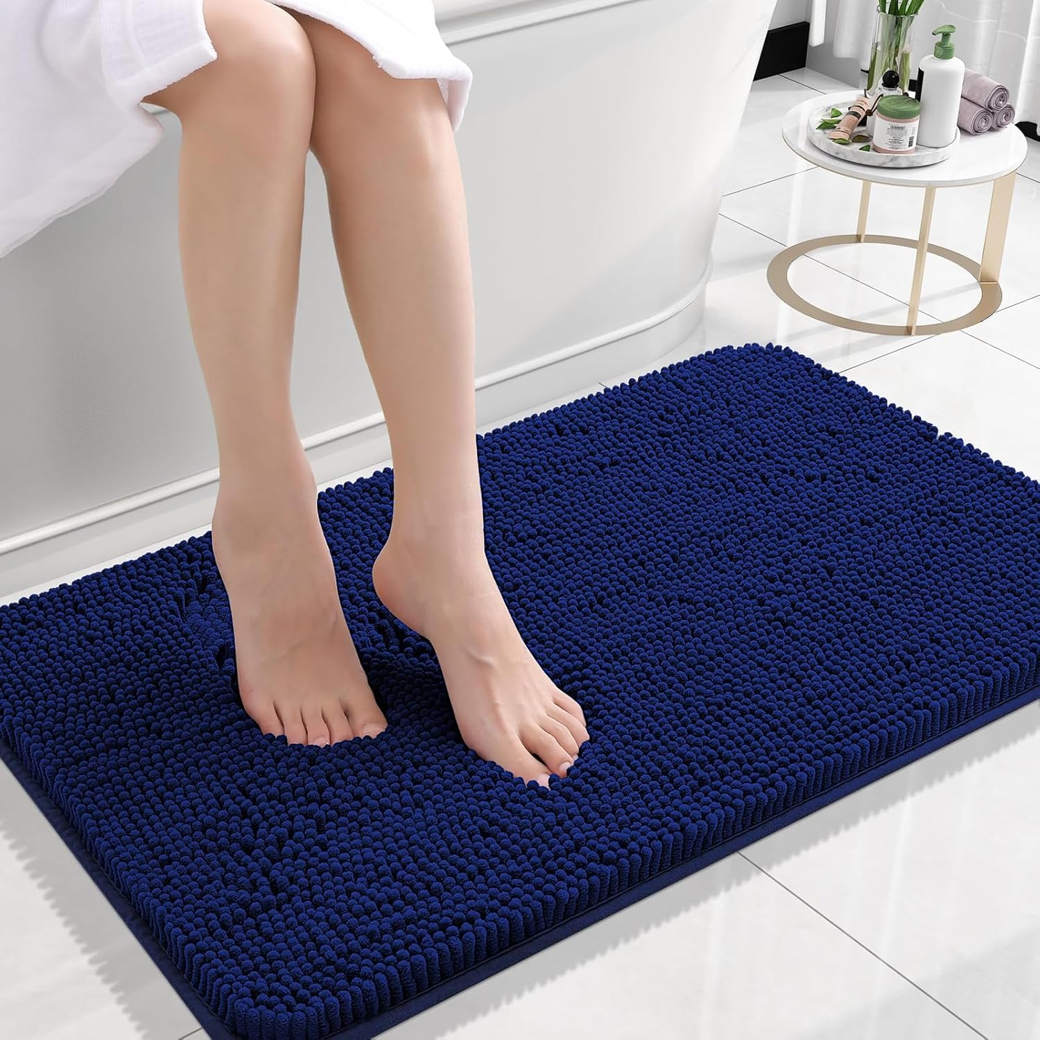 COMPOLICY Bath Mat 50 x 80 cm Chenille Dark Blue, Non-Slip & Maritime Bath Mat, Large, Washable & Absorbent Bath Mat, Quick-Drying Shower Mat for Modern Maritime Bathroom โ image 1