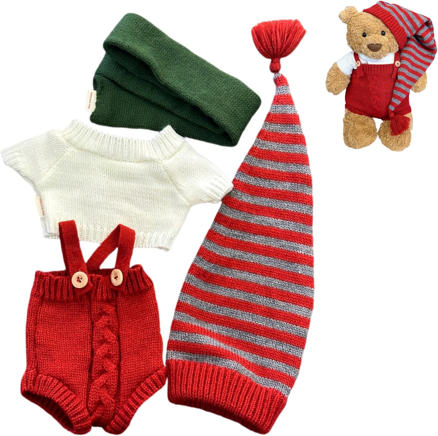20"/47cm Plush Animal Outfit Set for BumblyBear Bashful Bunny Christmas Knit Sweater Overalls Scarf Hat (4-Piece) Fits Huge Bartholomew Bear Slim Teddy(NO Doll)