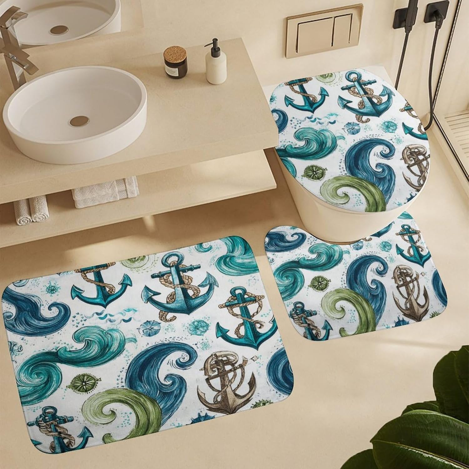 4PCS/Set Nautical Anchor Wave Compass Blue Shower Curtain 72W X 72L, Coastal Rope Printed Bathroom Decor, Shaped Mat Toilet Lid Cover and Non-Slip Rugs with 12 Hooks
