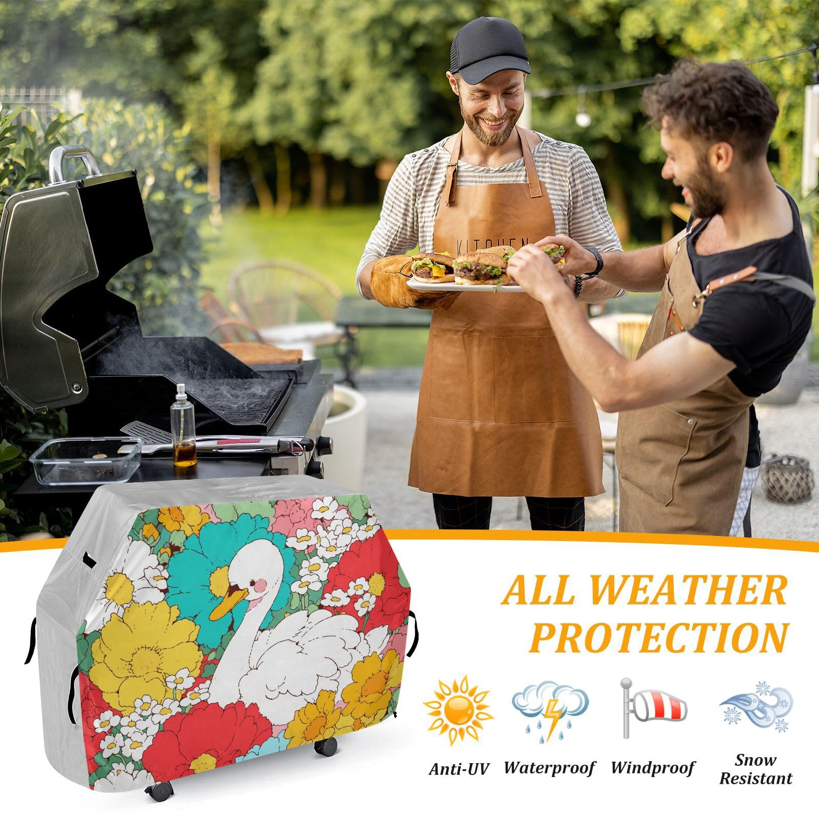 Swan Colorufl Peony pokrowiec na grill gazowy, 158 cm, wodoodporny, wytrzymały, odporny na rozdarcie, odporny na blaknięcie materiał, pokrowiec na grilla z regulowanym sznurkiem na kurz i wiatr