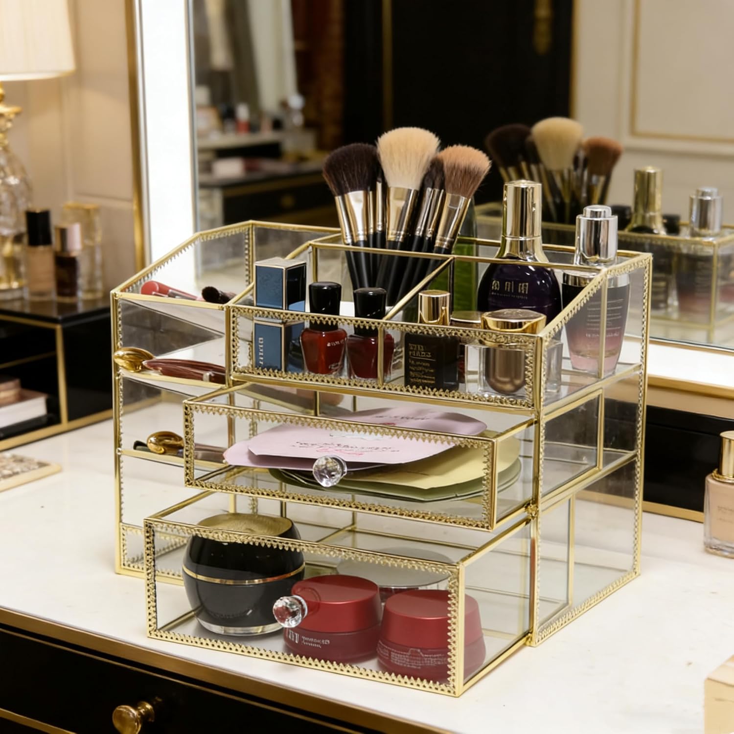 Hersoo Luxury Gold Trim Glass Makeup Organizer, 3-Tier Mirrored Vanity Dressing Table Storage Case for Skincare, Perfume, Lipstick, Brushes, Desktop Cosmetic Organizer