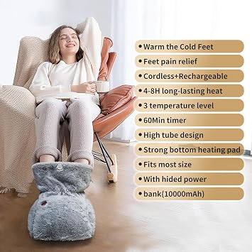 Electric Heated Foot Warmers for Women and Men,Rechargeable Cordless Foot Warmer Heating Pad with 4-8 Hours Long-Lasting Heat, Auto Shut Off with 3 Temperature Setting,High Tube Design