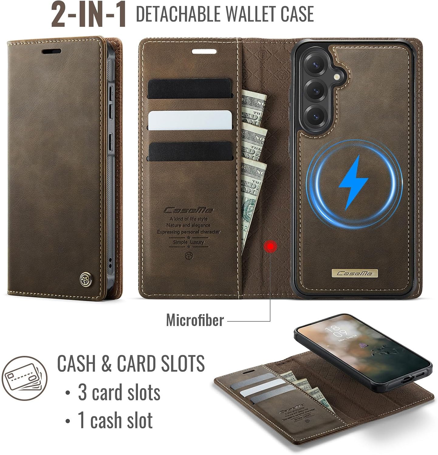 for Samsung Galaxy A35 5G 2-in-1 Magnetic Detachable Leather Wallet Case with Card Holder, RFID Blocking, Kickstand & 360° Protection, Compatible with Magnetic Charging Devices (Coffee)