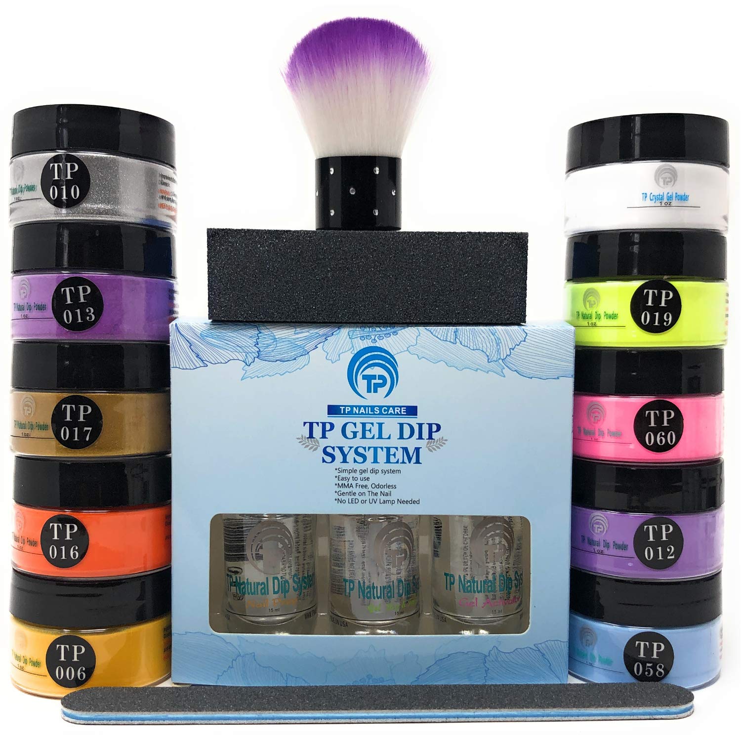 TP Special dipping powder kit #04. Complete kit with 10 dip powder colors 1 oz. per jar plus TP gel dip liquids.