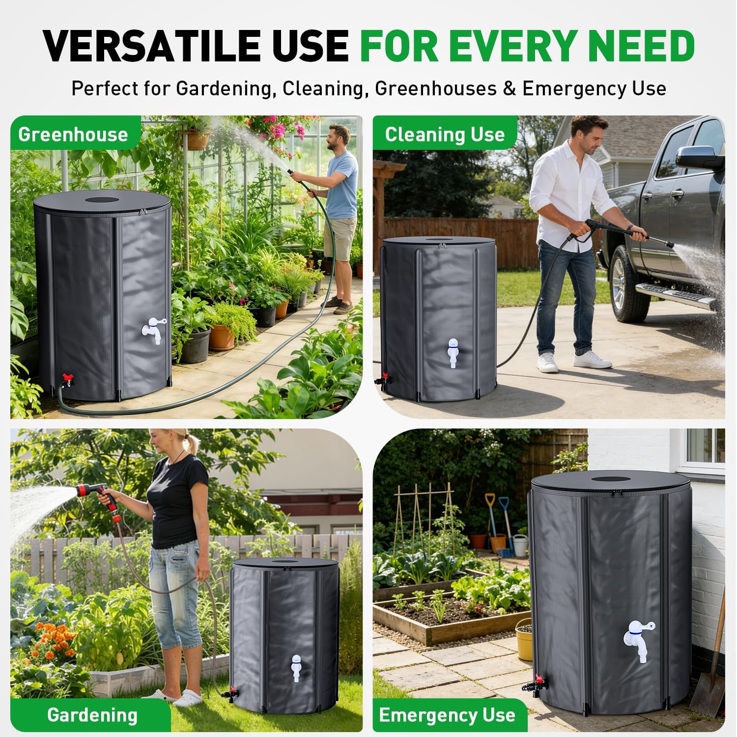 Yesker Collapsible Rain Barrel, 100 Gallon Portable Rainwater Collection System, 550D PVC Water Storage Tank, Rain Catcher with Spigots Filter Overflow Kit, Grey image 5