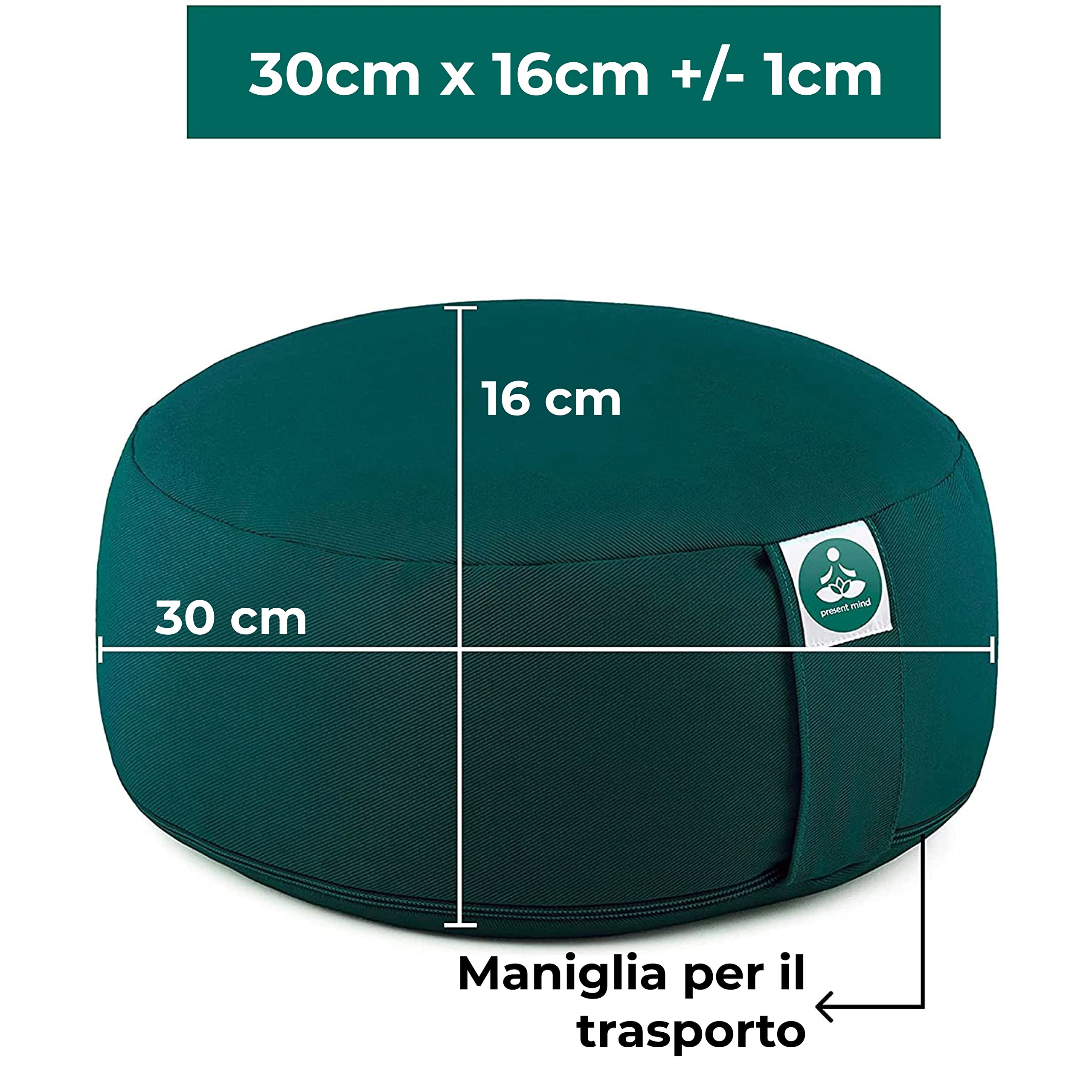 Present Mind - Cuscino rotondo da meditazione, lavabile, con imbottitura in grano saraceno, altezza di seduta di 16 cm