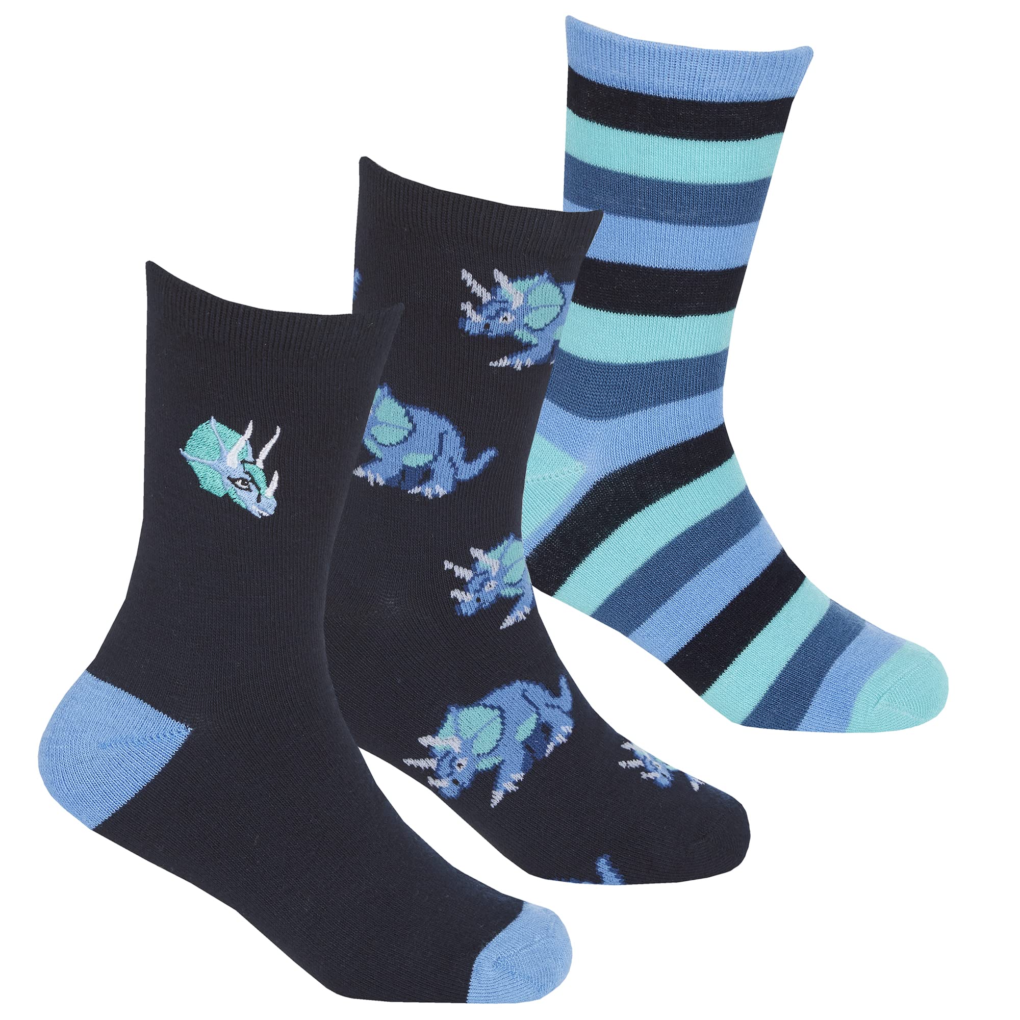 Metzuyan 3 Pairs Boys Childrens Soft Bamboo Socks Embroidered T-Rex Mid Calf Novelty Dino Dinosaurs Printed Socks Blue 12.5-3.5
