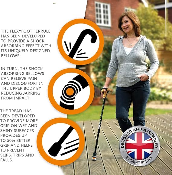 Flexyfoot Shock Absorbing Derby Handle Walking Stick Improved Comfort, Improves Grip, Improves Safety Colour: Black