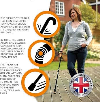 Flexyfoot Shock Absorbing Derby Handle Walking Stick Improved Comfort, Improves Grip, Improves Safety Colour: Black