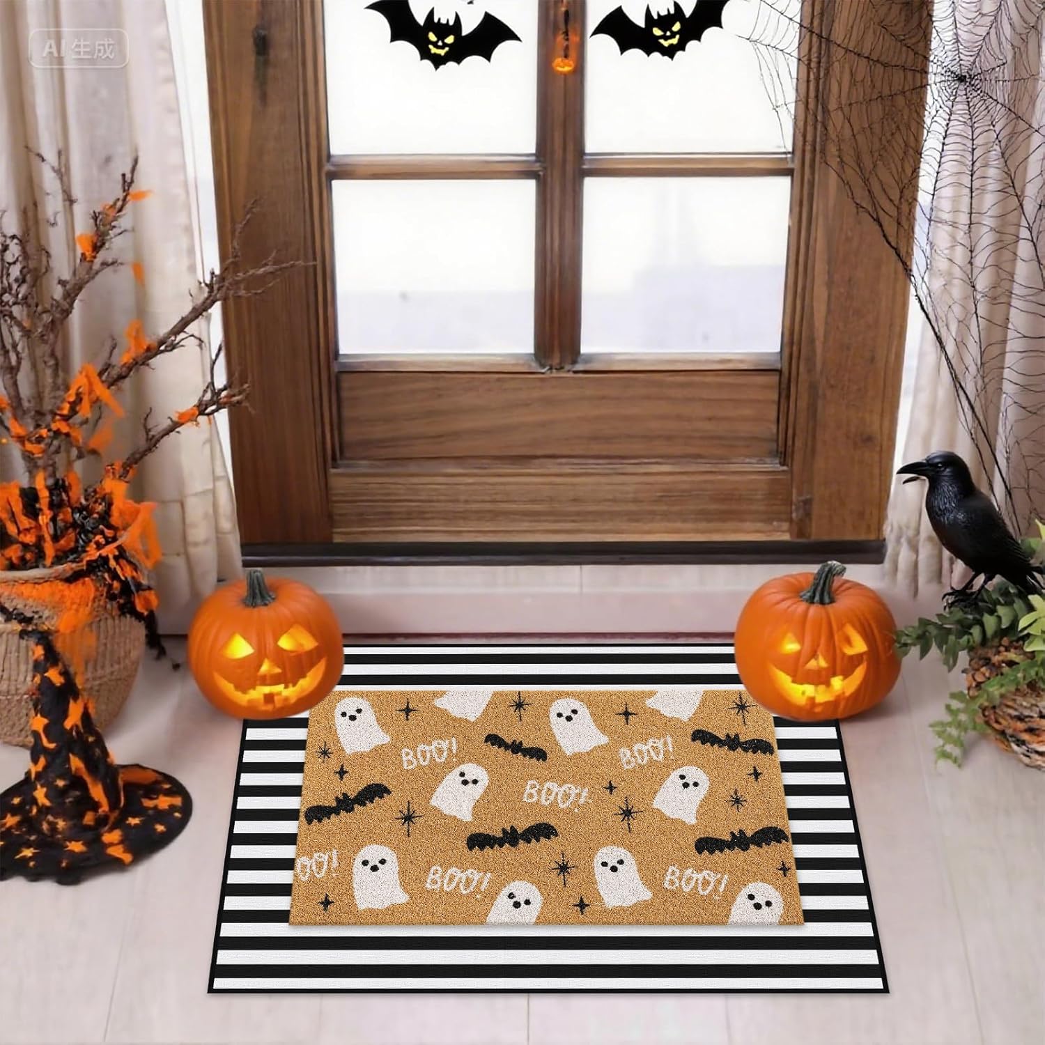 Whaline 2 Pcs Halloween Door Mat Combo Set Cute Ghost Boo Bats Coir Welcome Doormat Striped Non-Slip Front Door Rug for Indoor Outdoor Home Kitchen Bathroom Fronts Porch Entryway Decor