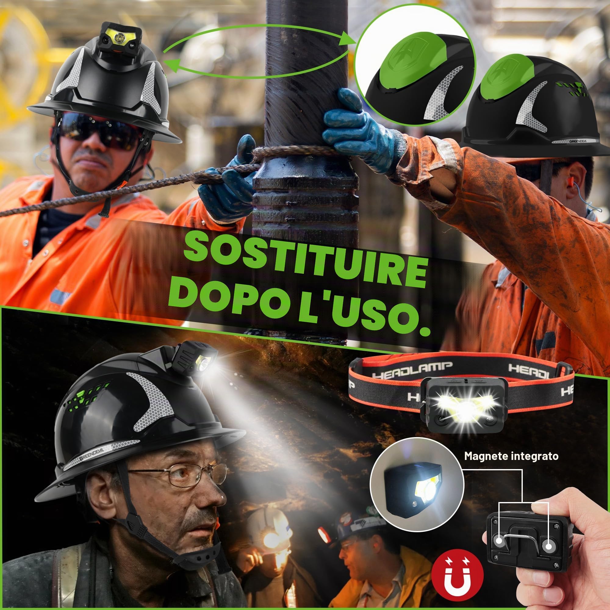 GREEN DEVIL Casco di sicurezza Matrix Full Brim EN 397 – Casco di sicurezza con ventilazione, lampada LED (IPX5), sistema a 6 punti e fodera interna regolabile – Ideale per edilizia, industriale,