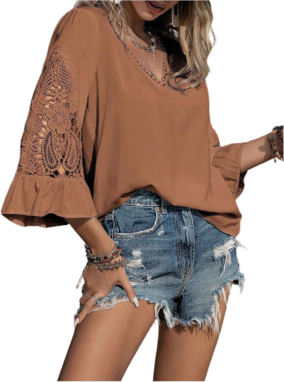 Floerns Women's Summer Hollow Out 3/4 Length Sleeve Blouse Top V Neck Western Shirts