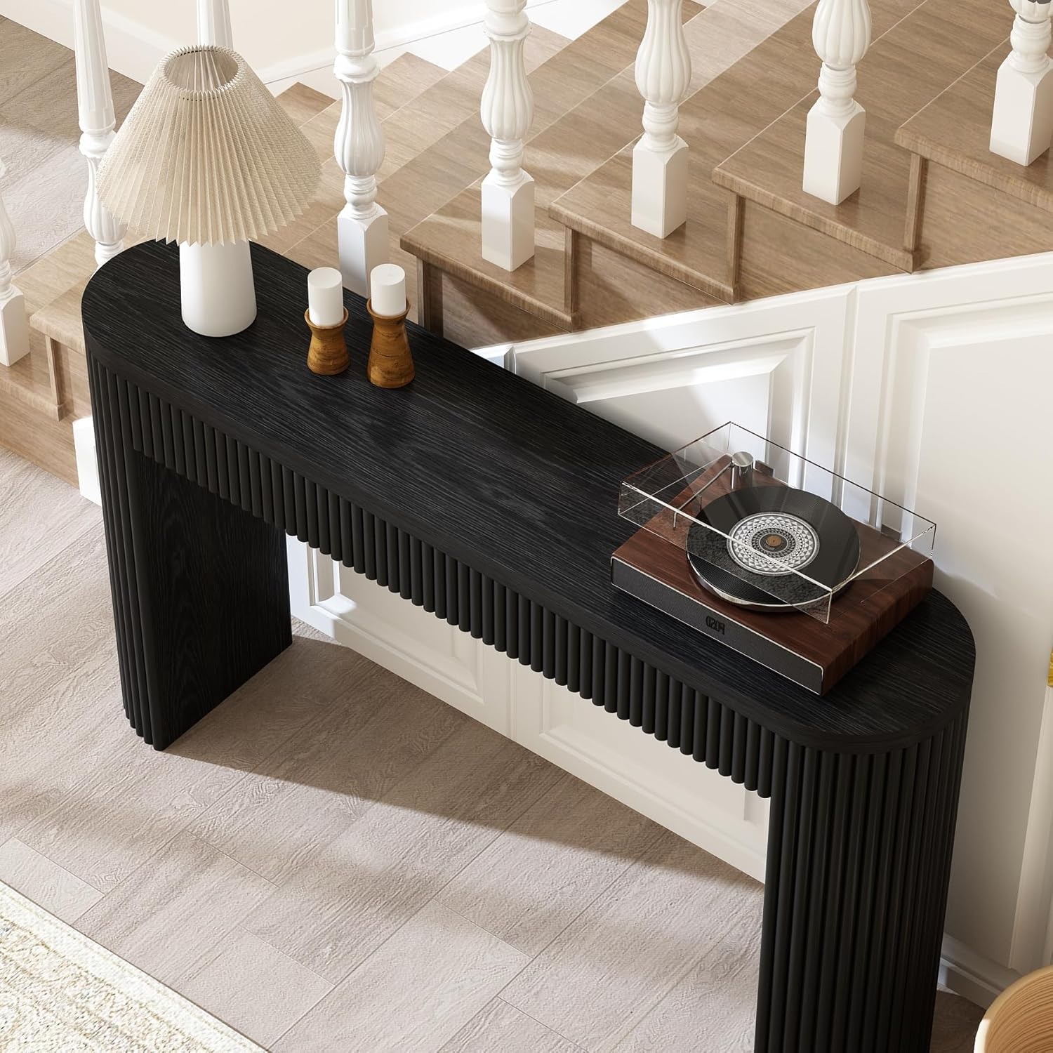 Fluted Wood Console Table with Drawer - 55 Inches Mid Century Modern Fluted Foyer Table, Entryway Hallway Minimalist Sofa Table, Oval with Drawer, Black