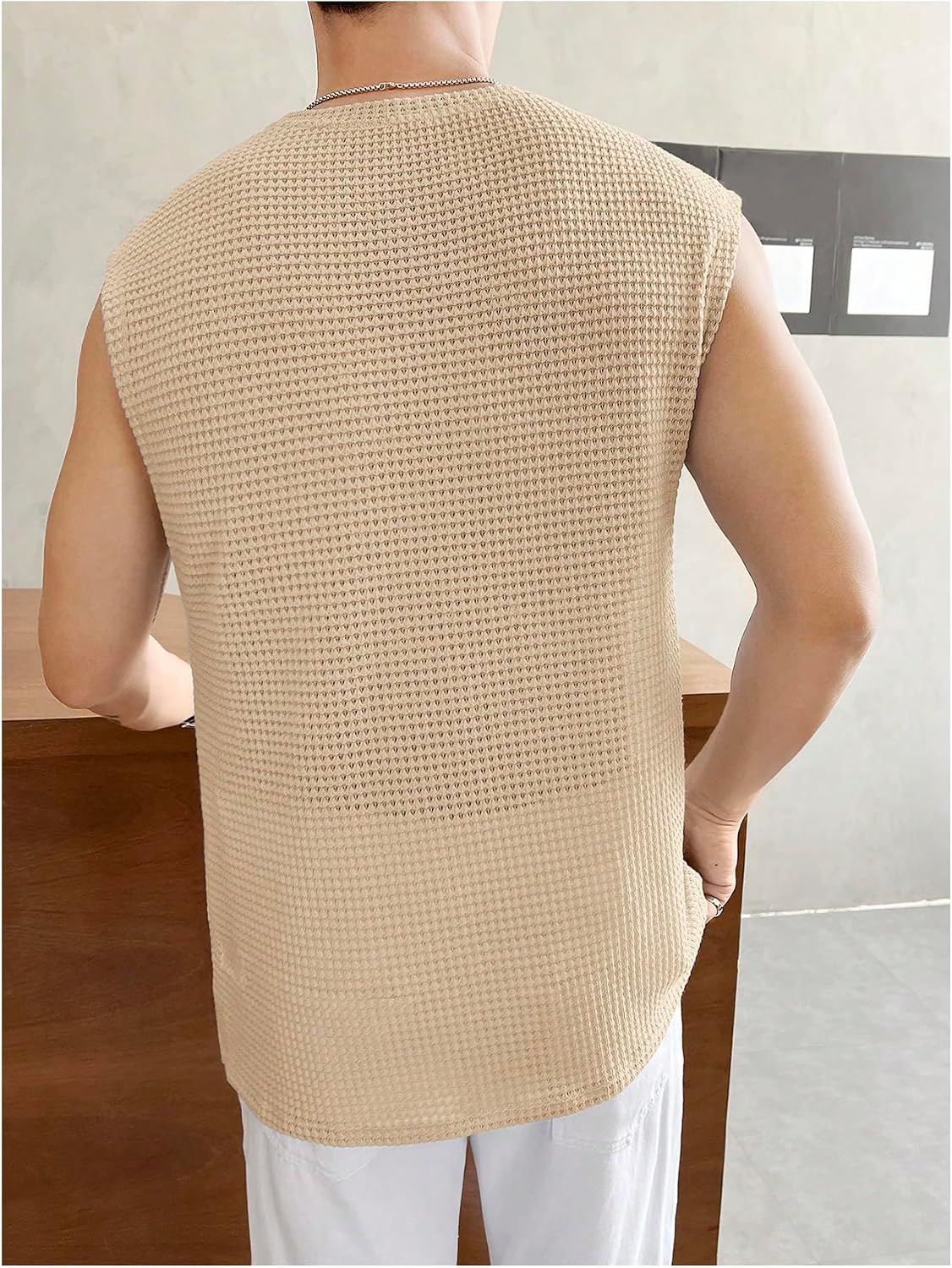 OYOANGLE Men's Waffle Knit Sleeveless Tank Top Crew Neck Athletic Work Summer Beach Hippie Shirts