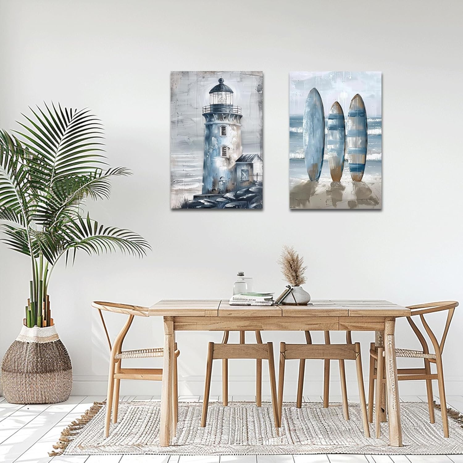 PBXBJY Beach Canvas Wall Art Coastal Bathroom Decor 2 Pieces Lighthouse Picture Surfboard Canvas Prints Teal Blue Ocean Artwork Home Decor Framed (16.00" x 24.00" x 2PCS)