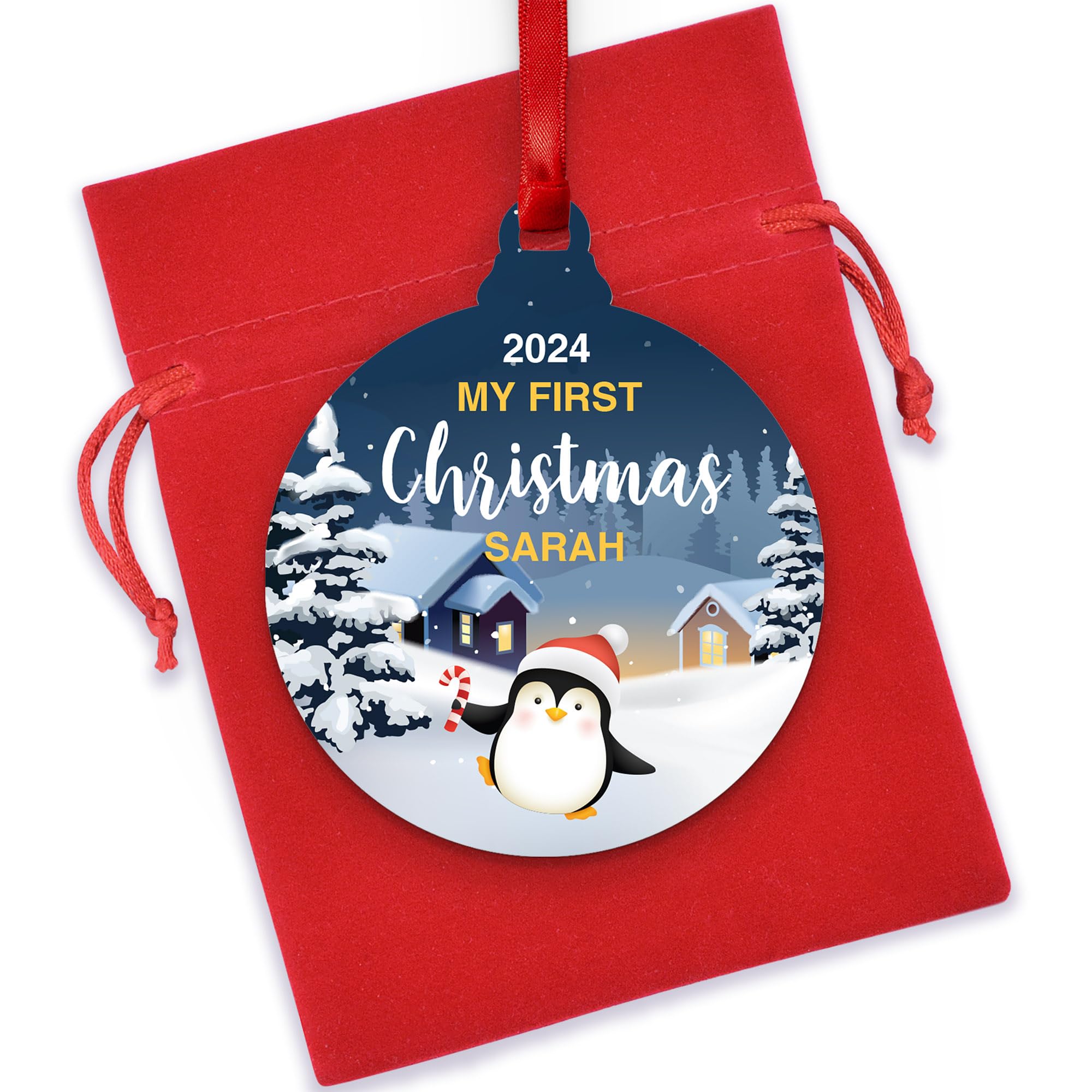 Baby My First Christmas Tree White Acrylic Decoration Ornament Penguin Bauble, Personalised 1st First Christmas With Baby Son Daughter Christmas Tree Hanging Ornament, Babys 1st Xmas, With Red Bag