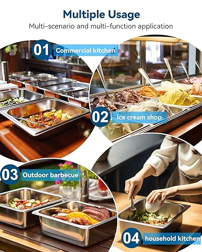 Miniatura 6 de ZeroPone Sartén de hotel de 4 pulgadas de profundidad para mesa de vapor, paquete de 4 unidades de tamaño 12 con tapa, 12.8 pulgadas de largo x 10.4