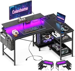 Coleshome L Shaped Gaming Desk with LED Lights, 120 × 80 cm Computer Desk with Power Outlet, Reversible Corner Gaming Table with Storage Shelves & Monitor Stand, Black