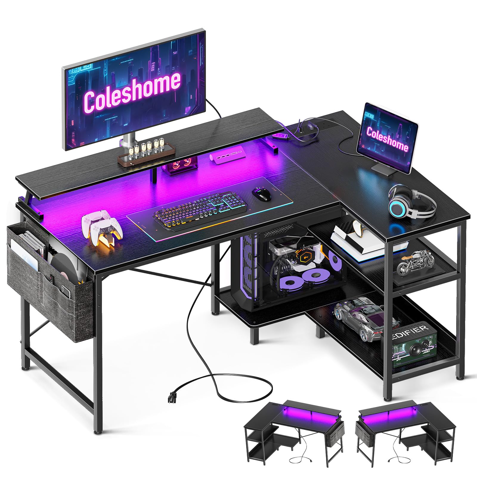 Coleshome L Shaped Gaming Desk with LED Lights, 120 × 80 cm Computer Desk with Power Outlet, Reversible Corner Gaming Table with Storage Shelves & Monitor Stand, Black — image 1