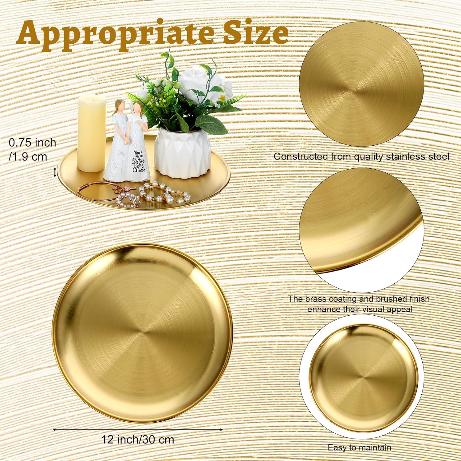 6 Pack Gold Tray Decorative Serving Decorative Gold Jewelry Bar Jewelry Dish Key Bowl Mirror Dresser Vanity Tray Makeup Organizer for Bathroom Candle Perfume Countertop(12 Inch)