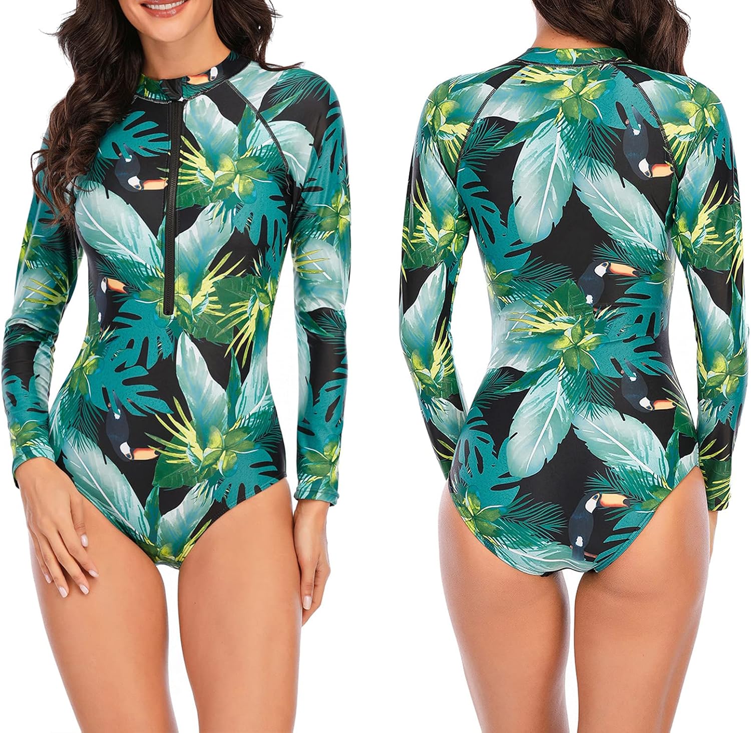 Amazon 女性ワンピース水着長袖ラッシュガードジッパーサーフィン入浴スーツ E Qianw 水着 スイムウェア