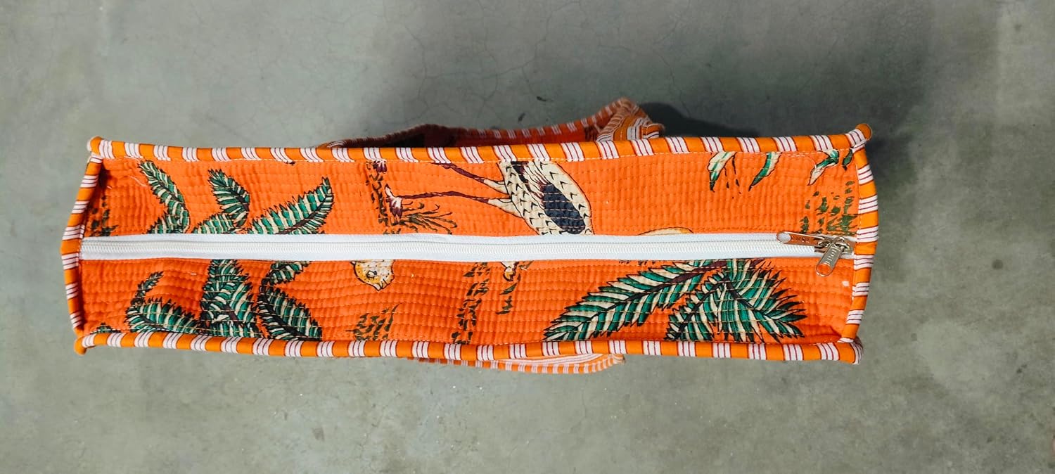 Tropical Safari Print Cotton Tote Bag, Orange with Palm Trees and Animals Pattern, Quilted, Reusable Shopping Bag, Handmade