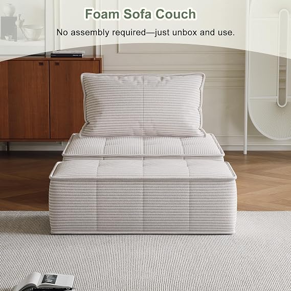 Modular Sofa with 50x100cm Footstool,Corduroy Fabric Sofa Bed,Single Sofa Chairs，Couch for Living Room and Bedroom,White (Sofa with footstool)