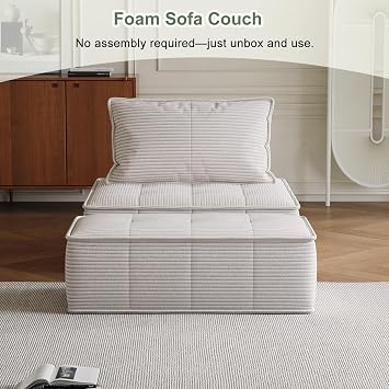 Modular Sofa with 50x100cm Footstool,Corduroy Fabric Sofa Bed,Single Sofa Chairs,Couch for Living Room and Bedroom,White (Sofa with footstool)
