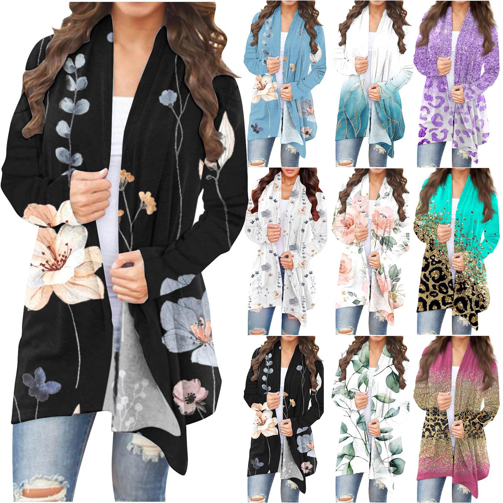 Women's Fashion Casual Printed Long Sleeve Mid-Length Cardigan Jacket KXC6CBXZ7233